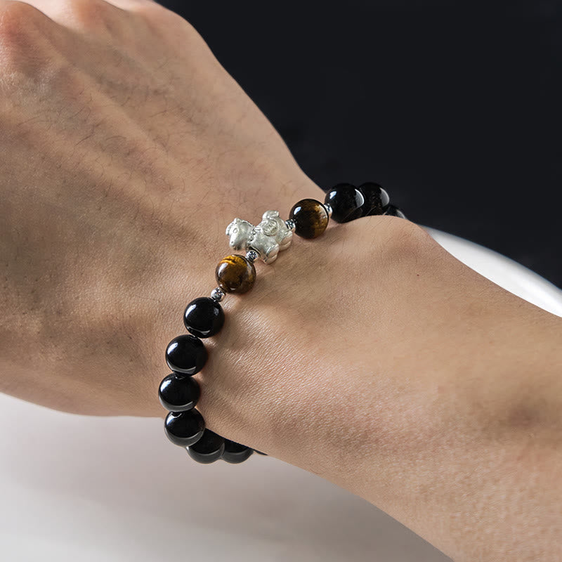 Armband 925 Silber Schwarzer Obsidian Tigerauge Pixiu Stärke Segen am Handgelenk