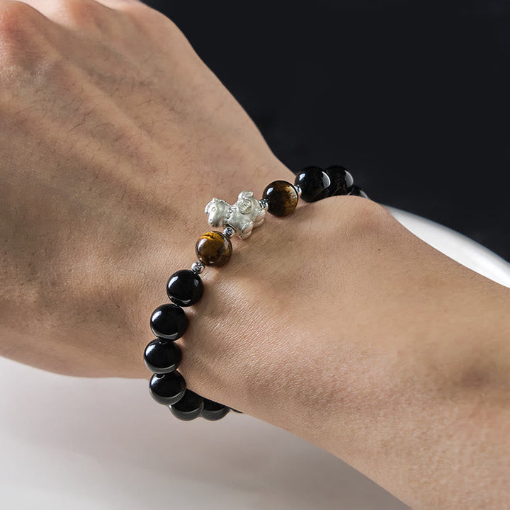 Armband 925 Silber Schwarzer Obsidian Tigerauge Pixiu Stärke Segen am Handgelenk