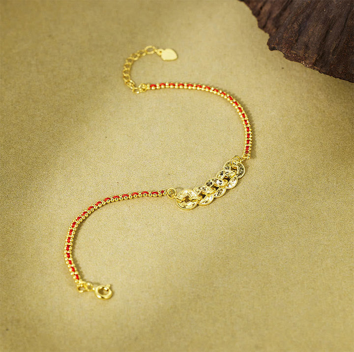 Armband 925 Silber Balance Energie goldene Münzen rote Perlen Glück