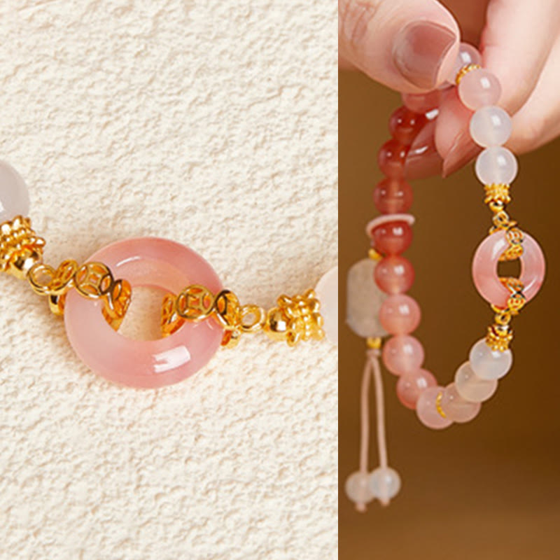 Armband 925 Silber Chalcedon Frieden Selbstvertrauen rosa Perlen goldene Details Handgelenk