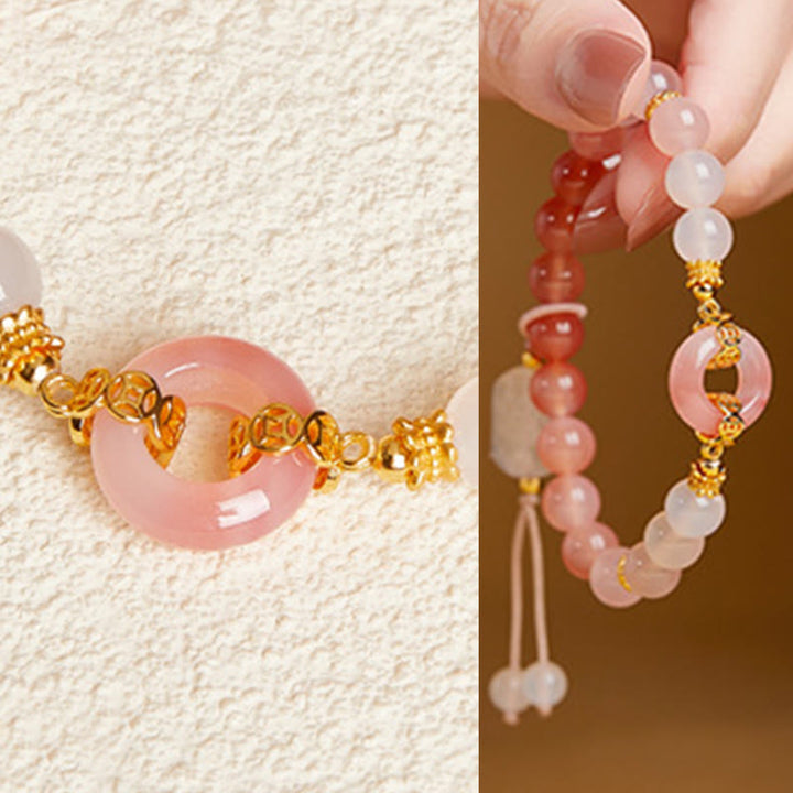 Armband 925 Silber Chalcedon Frieden Selbstvertrauen rosa Perlen goldene Details Handgelenk