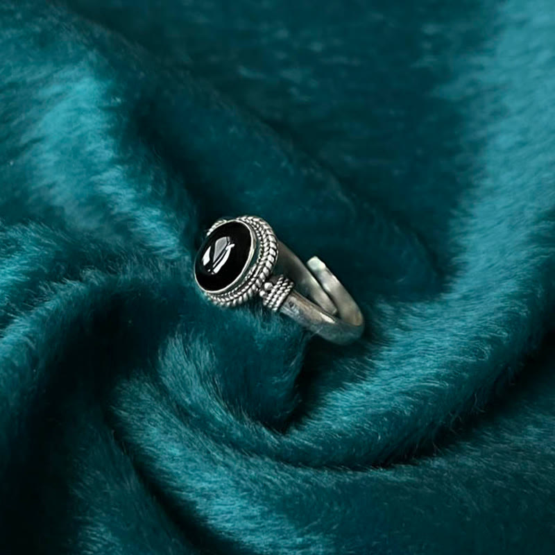 Ring 925 Silber mit schwarzem Onyx verstellbar Glück Schutz