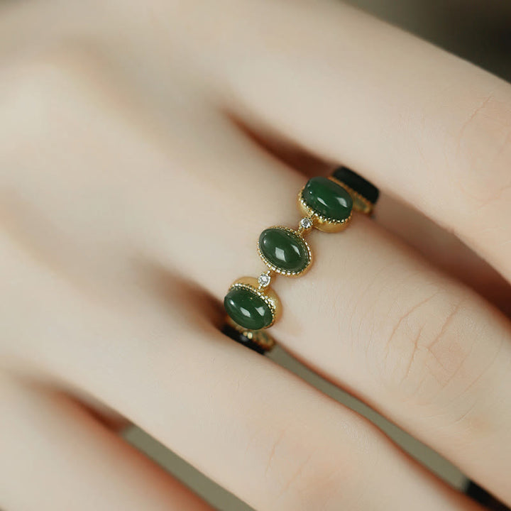 Ring 925 Silber Hetian Jade Grün drei Steine Heilung elegant
