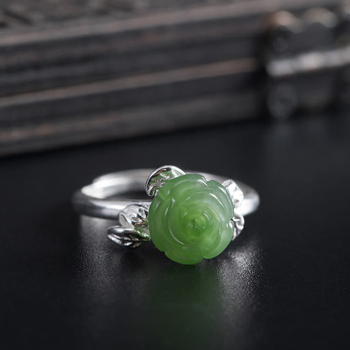Ring 925 Silber grüne Jade Rose Schnitzerei Glück Fengshui