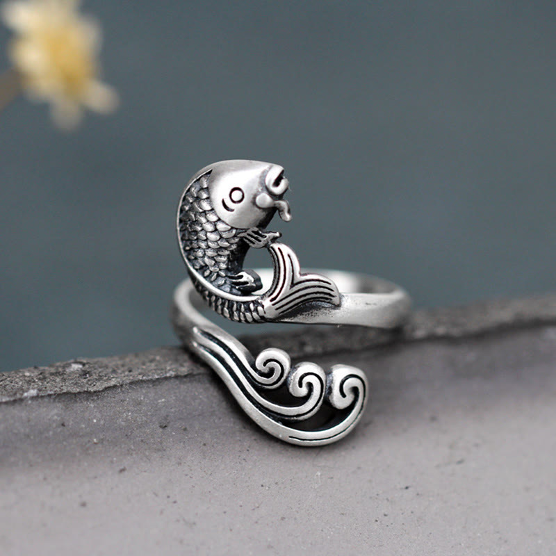 Ring 925 Silber Koi Fisch Design mit Wellenmuster Glück Wohlstand