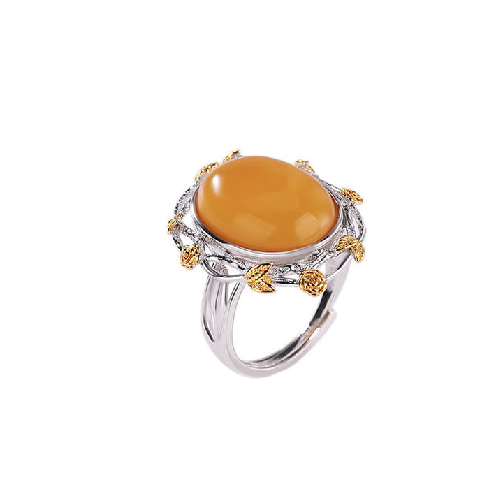 Ring 925 Silber Bernstein Klarheit mit goldenem Blattwerk elegant