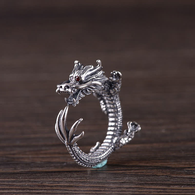 Ring 925 Silber Drachen mit roten Augen Glück Schutz Feng Shui
