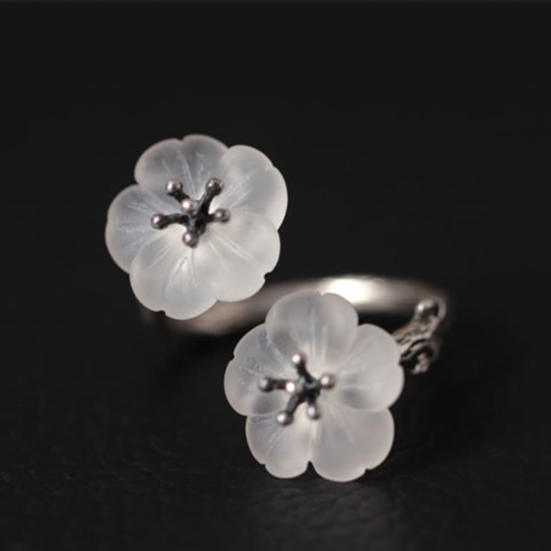 Ring 925 Silber Pflaumenblüte Schutz zwei weiße Jade Blütenköpfe