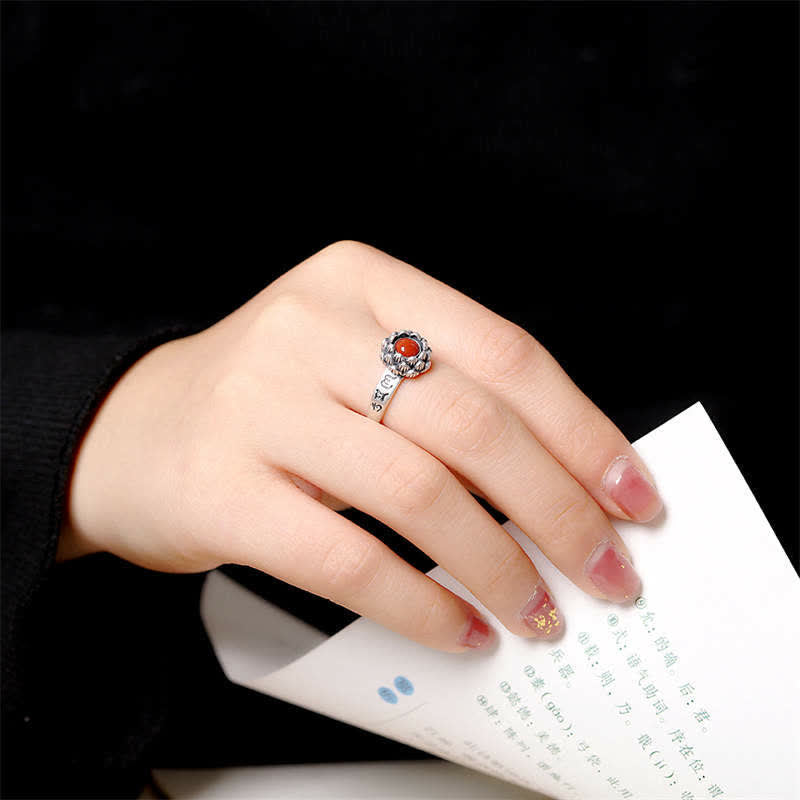 925 Silber Ring mit rotem Achat Lotus Stein Federring