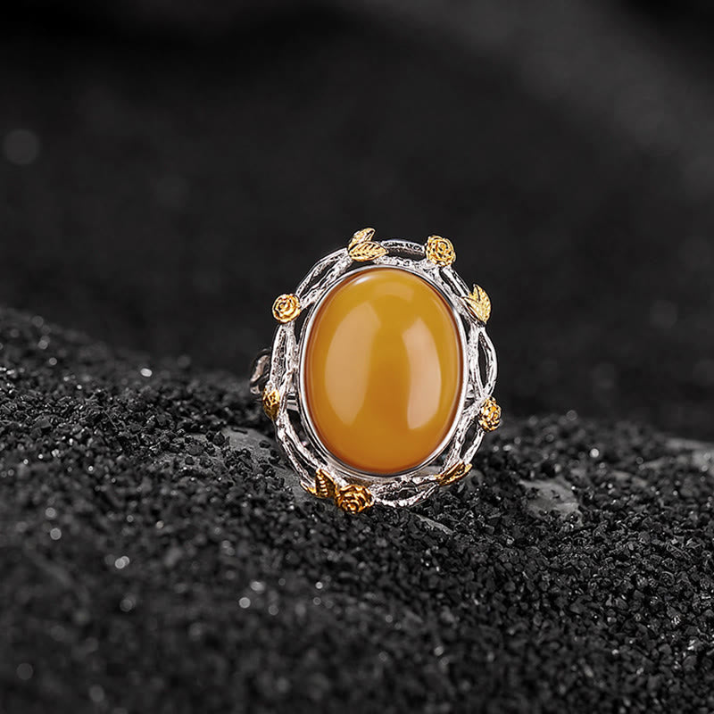 Ring 925 Silber Bernstein mit goldenen Ornamenten Klarheit Glanz