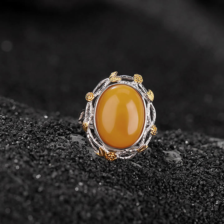 Ring 925 Silber Bernstein mit goldenen Ornamenten Klarheit Glanz