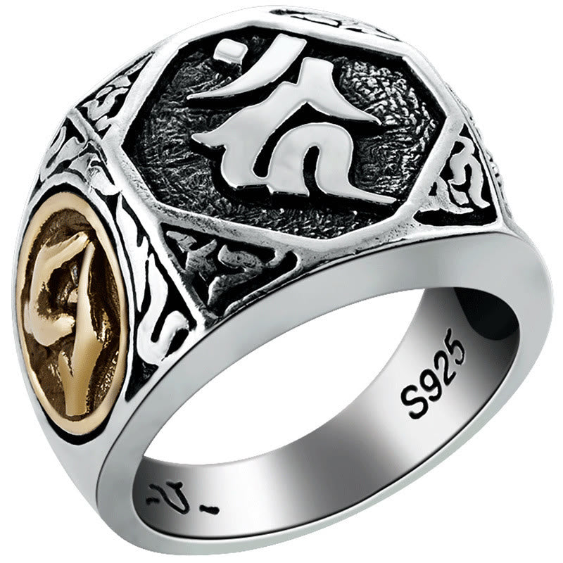 Ring 925 Silber Sanskrit-Design – Schutz mit Om-Symbol und Golddetail