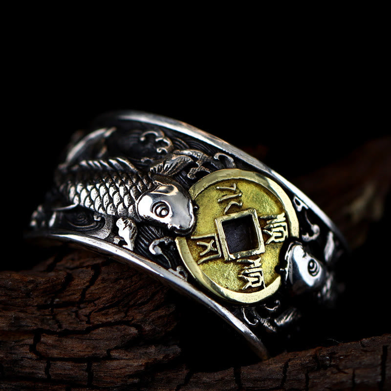 Silber Ring 925 mit Koi Fisch Kupfermünze Glück Wohlstand