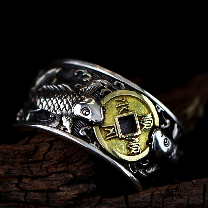 Silber Ring 925 mit Koi Fisch Kupfermünze Glück Wohlstand