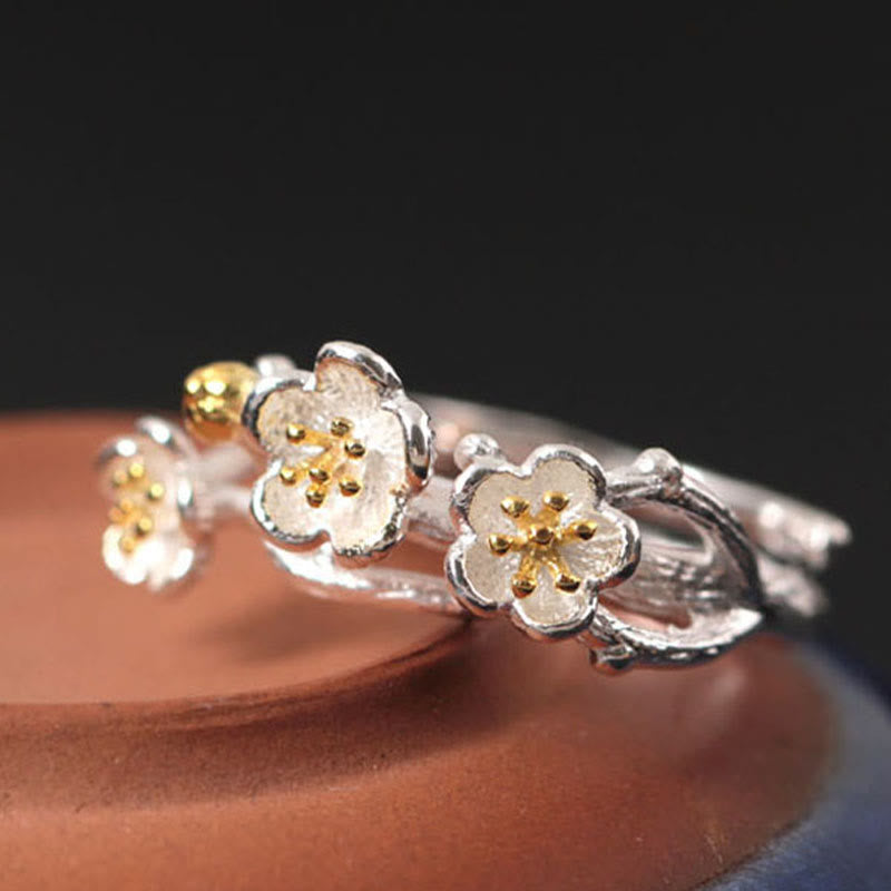 925er Silberring Pflaumenblüte Blüten Gold Stempel Ruhe Glück