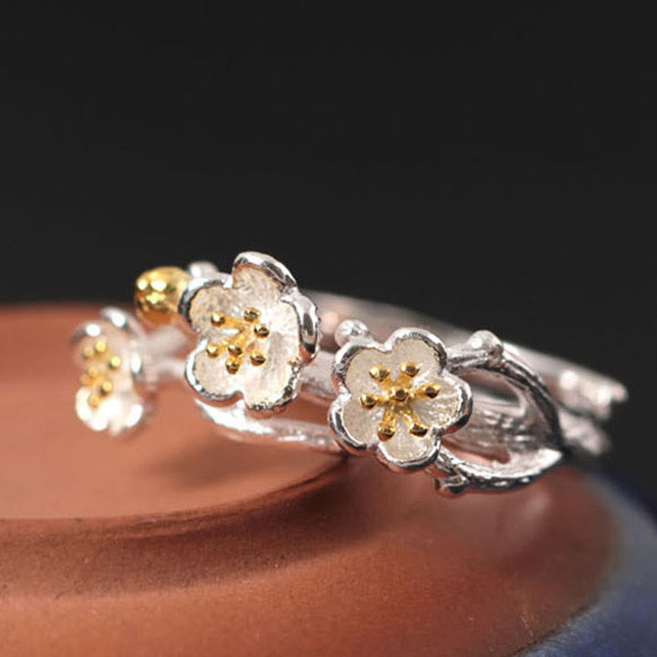 925er Silberring Pflaumenblüte Blüten Gold Stempel Ruhe Glück