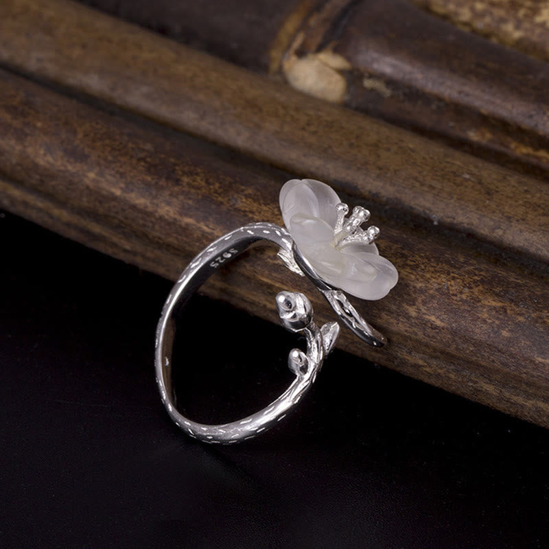 Ring 925 Silber mit weißer Kristall Blume – Heilung Heilstein Schutzring