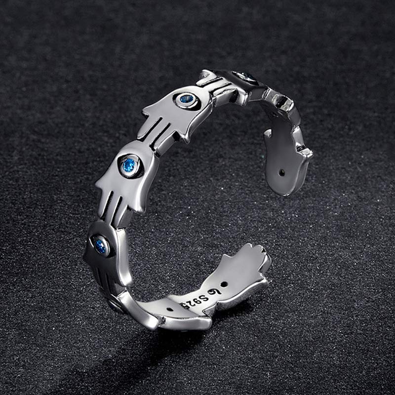 Hamsa Hand Ring 925 Silber mit blauen Zirkon Schutzamulett