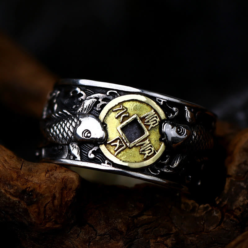 Ring 925 Silber mit chinesischer Koi Kupfermünze Glück Wohlstand