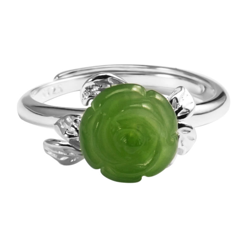 Ring 925 Silber Jade Rosenquarz grüne Blüte Glück Schutz Fingerring