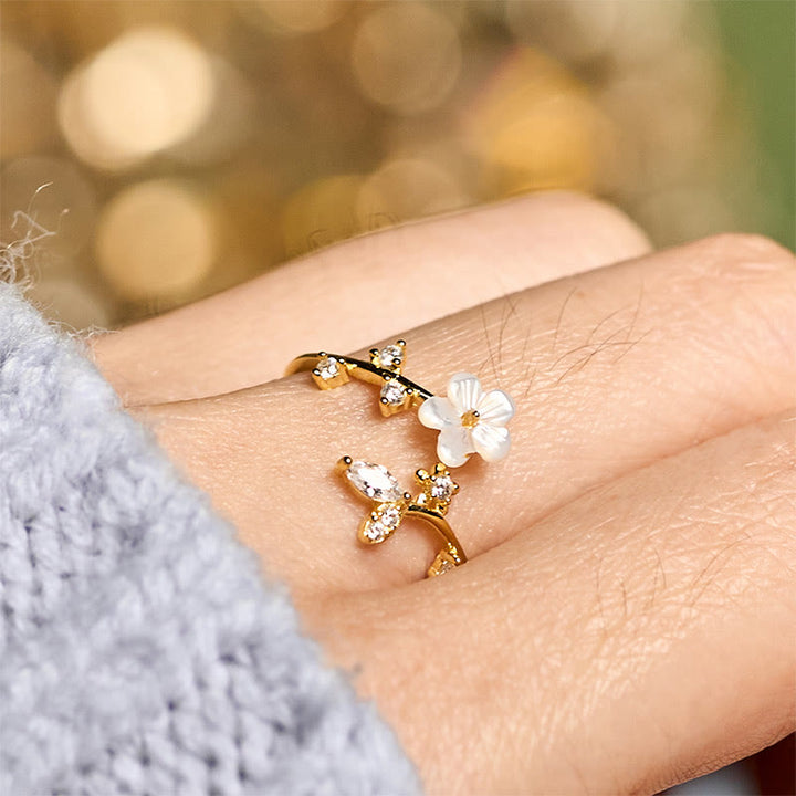Ring 925 Silber Weiße Blume Segen elegante Kristall Glücksbringer