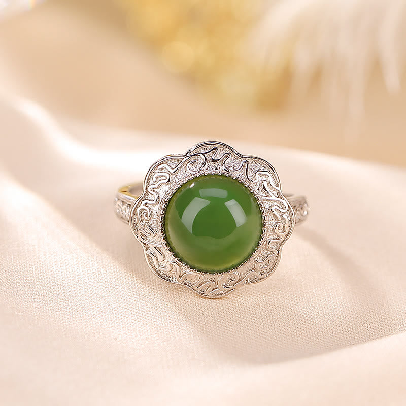 Ring 925 Silber Hetian Jade Blume Glück grüner Stein Feng Shui