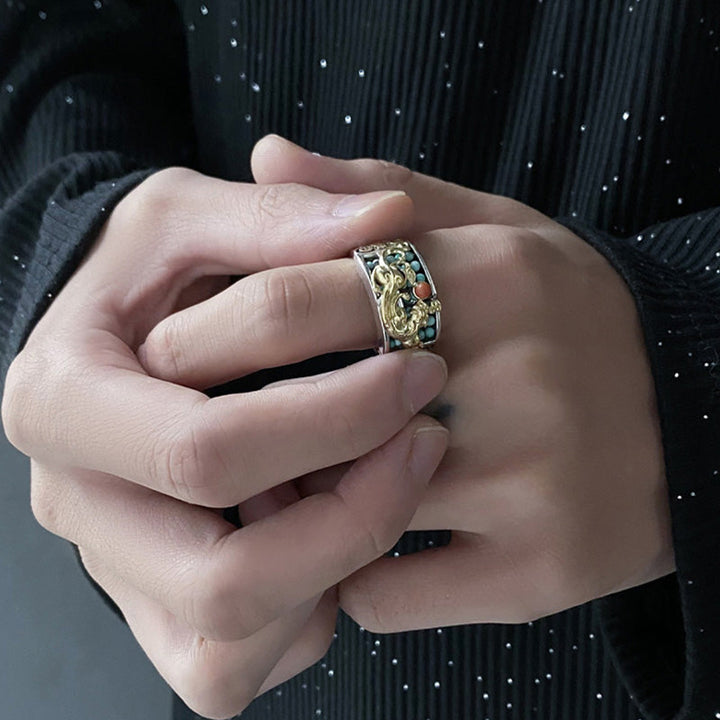 Pixiu Ring 925 Silber Türkis Roter Achat Schutz Glück getragen