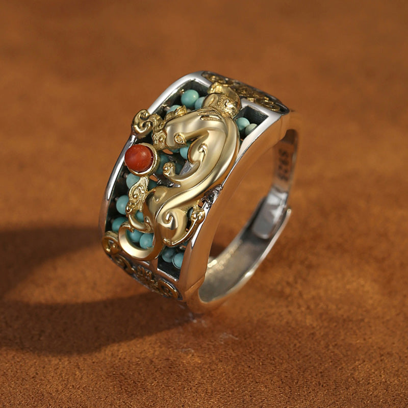 Pixiu Ring 925 Silber Türkis Roter Achat Fengshui Schutz