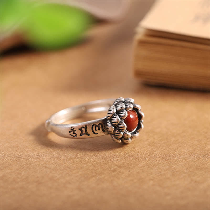 Ring 925 Silber roter Achat Lotus Symbole Mut Segen Schutz