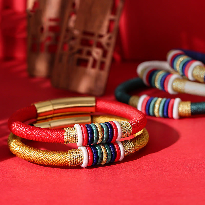 Armband Fünf Elemente – Glück & Energie rot gold geflochtene Schnur farbig.