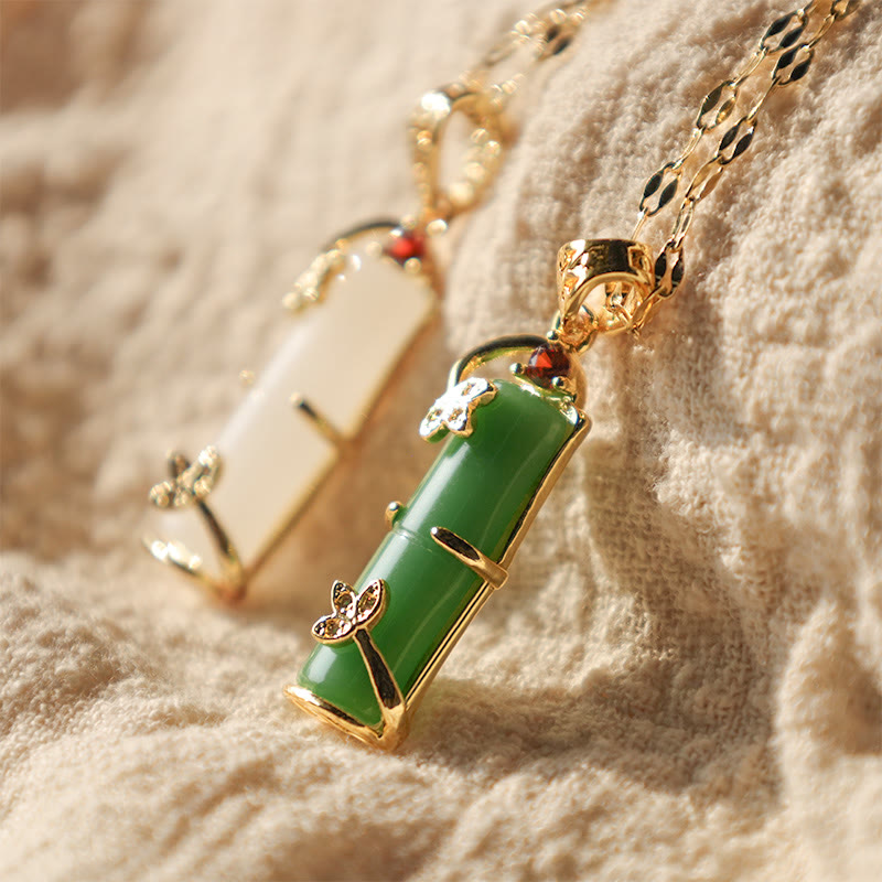 Anhänger Jade Bambus Schutz Glück grüner Edelstein Goldkette