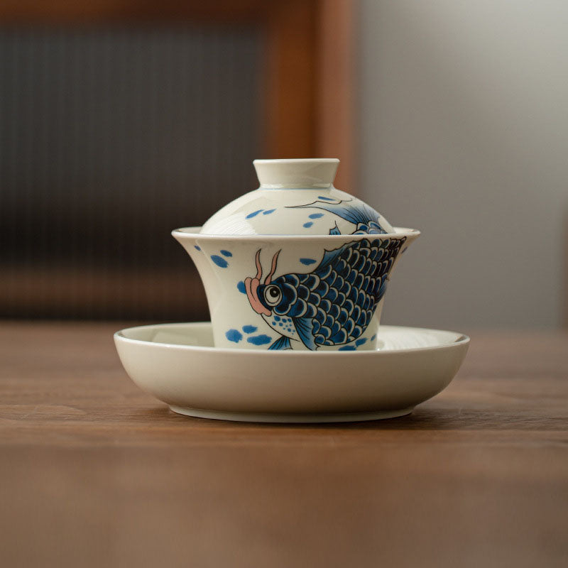 Gaiwan Koi Arowana Sancai Keramik 130ml Blauer Koi Gaiwan Teetasse