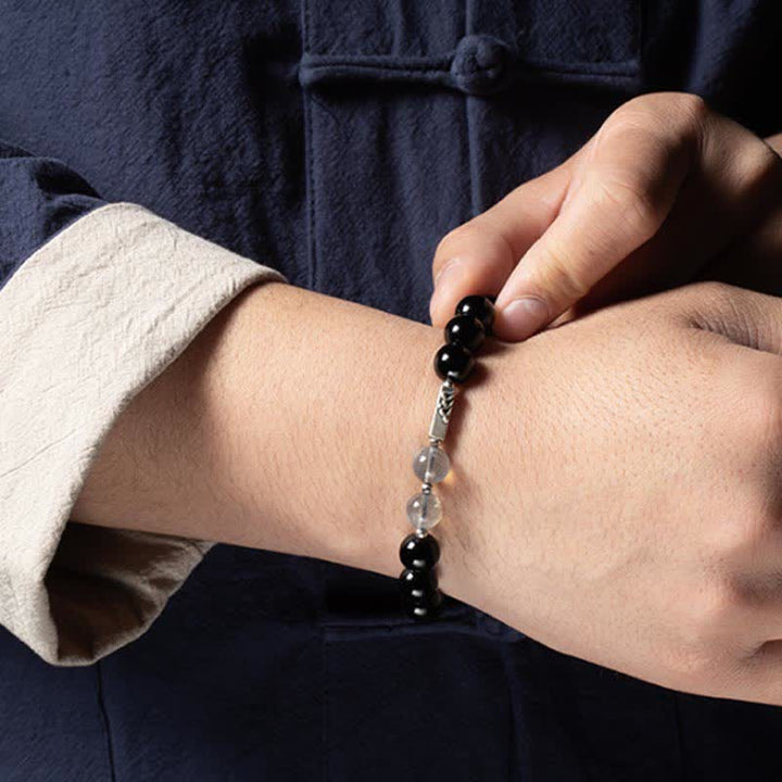 Schwarzes Obsidian Armband 925 Silber Mondstein Paar Stärke getragen