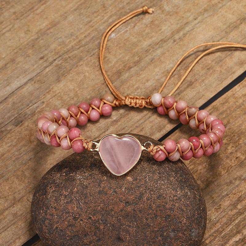 Rosenquarz Armband – Heilung & Liebe mit Herz Anhänger elastisch