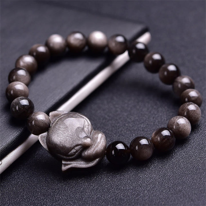 Schwarzes Obsidian Armband Silber Fuchs Schutz elastisch Naturstein