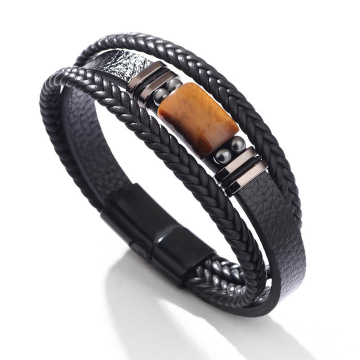 Armband Tigerauge Magnetisch schwarzes Leder geflochten Edelstahl Verschluss