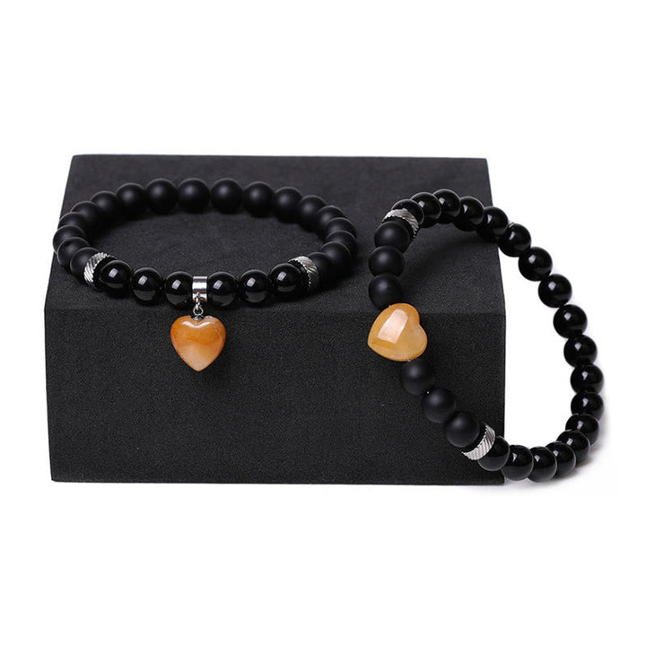 Armband Schwarzer Onyx Kristall Paar – Schutz & Liebe mit Herzanhänger