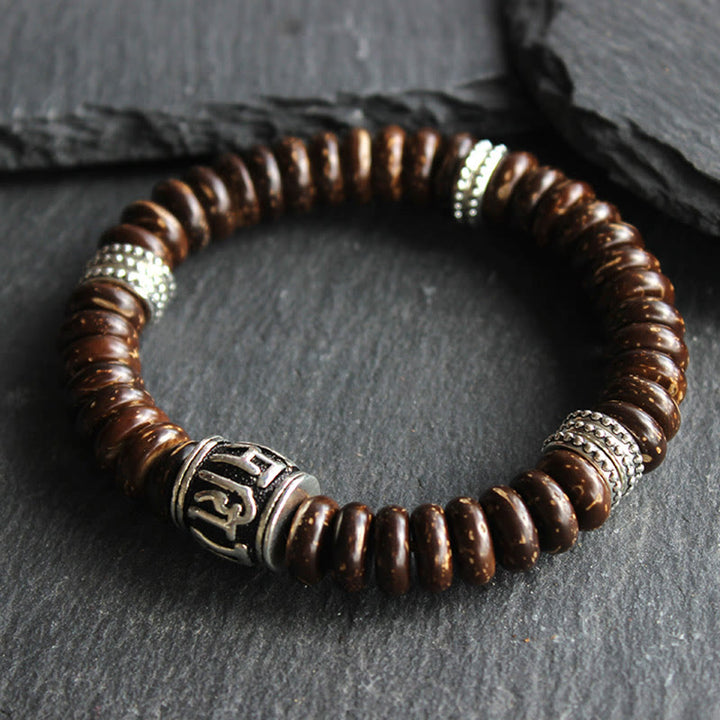 Braunes Holz Armband Om Mani Padme Hum – Energie Silber Perlen