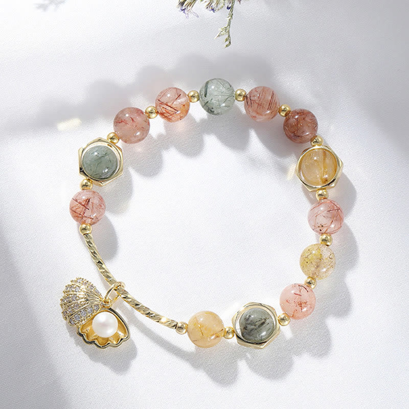 Armband Bunt Rutilquarz Shell Schutz elastisch Naturstein Perlen Gold.