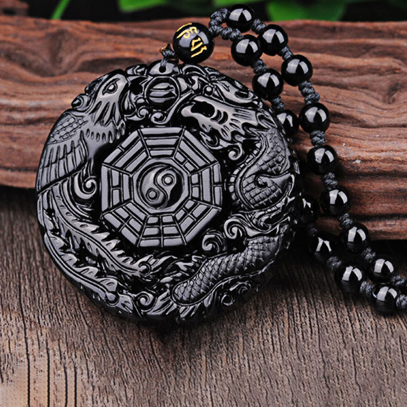 Anhänger Obsidian Drachen Phönix schwarzer Naturstein Yin Yang Kette