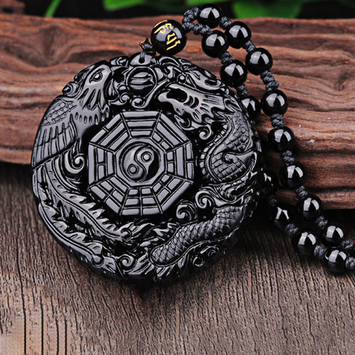 Anhänger Obsidian Drachen Phönix schwarzer Naturstein Yin Yang Kette