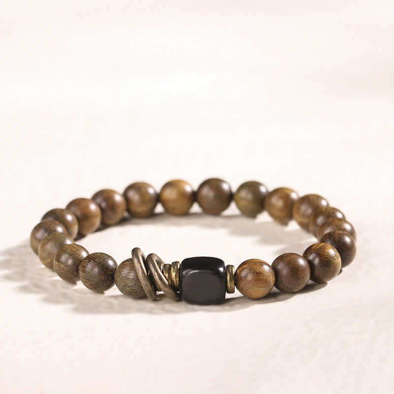 Armband Sandelholz Kristall mit schwarzem Stein Frieden elastisch
