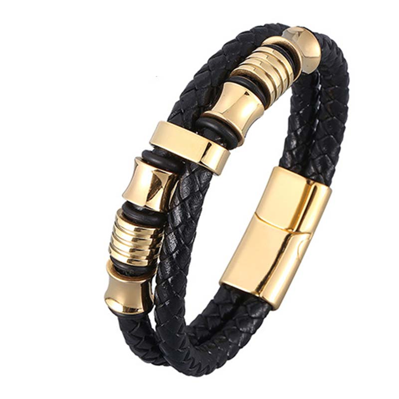 Schwarzes Leder Armband Weave mit goldfarbenen Magnetverschluss elegant