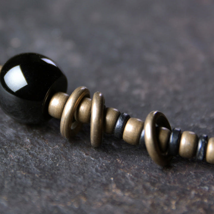 Tibetische Kette Ebenholz Dzi Kupfer Frieden schwarze Perle