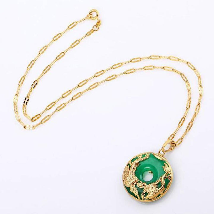 Jade Kette Drachen Anhänger Gold grüner Stein Glück Stärke