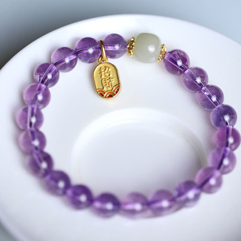Armband Amethyst Kristall Heilung Harmonie lila Perlen Goldanhänger