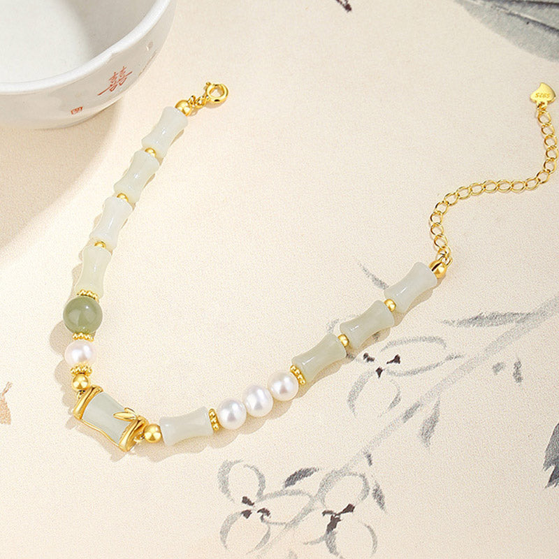 Armband 925 Silber Weiße Jade Bambus – Glück & Segen