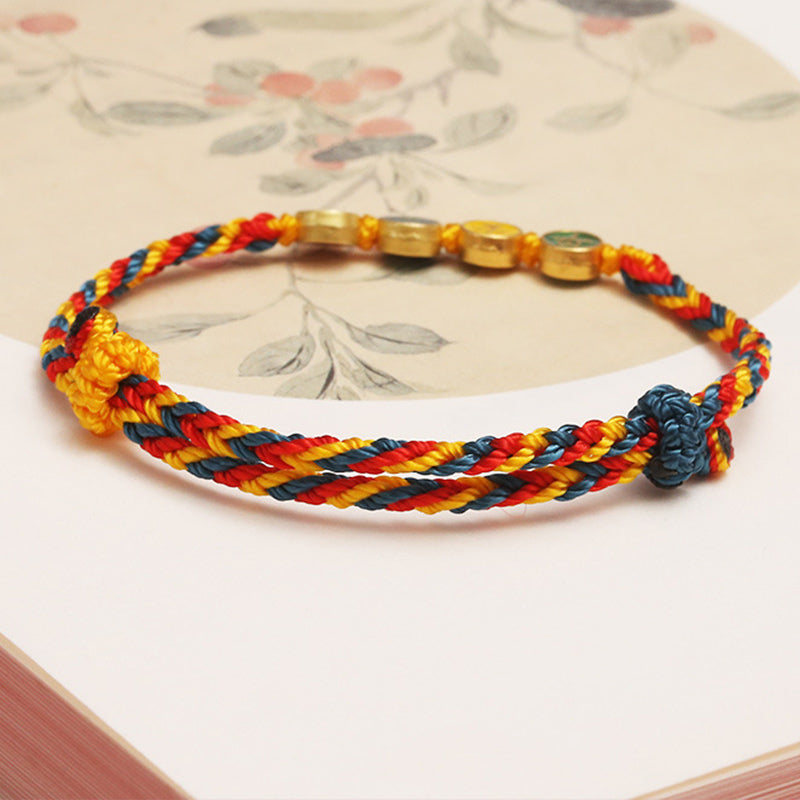 Armband – Schutz & Frieden farbig geflochten mit goldenen Perlen elastisch