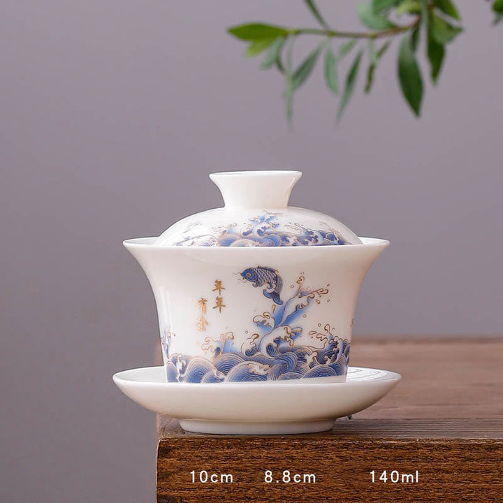 Teetassen Mit Untertasse Gaiwan Berge Porzellan Lange Tasse - Koi-Fische Wellen
