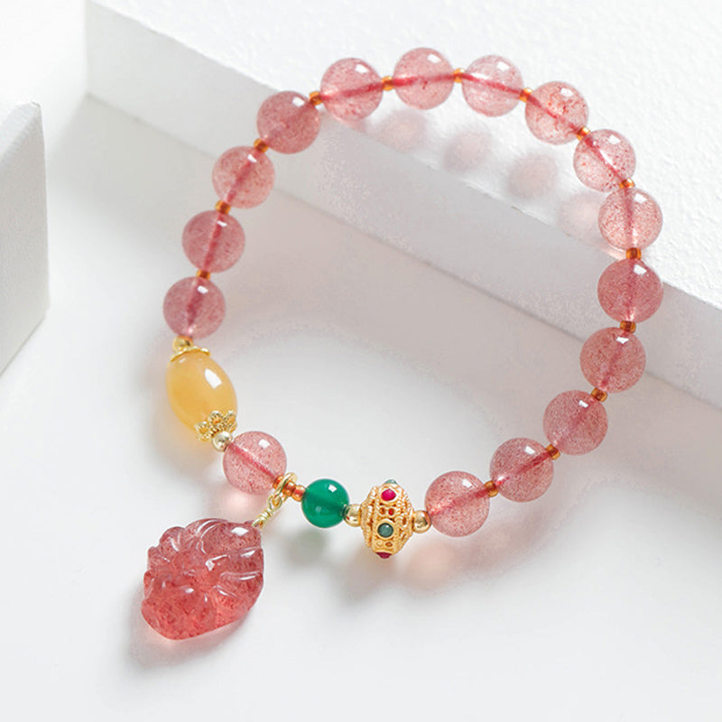 Armband Erdbeerquarz Fuchs mit grünem Jade Anhänger elastisch